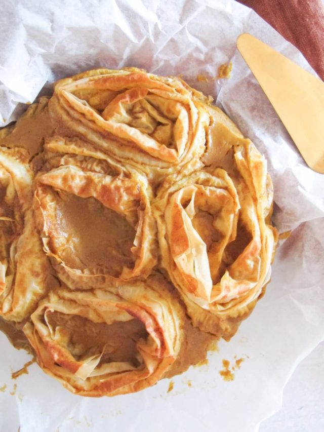 phyllo pumpkin pie on white parchment paper.