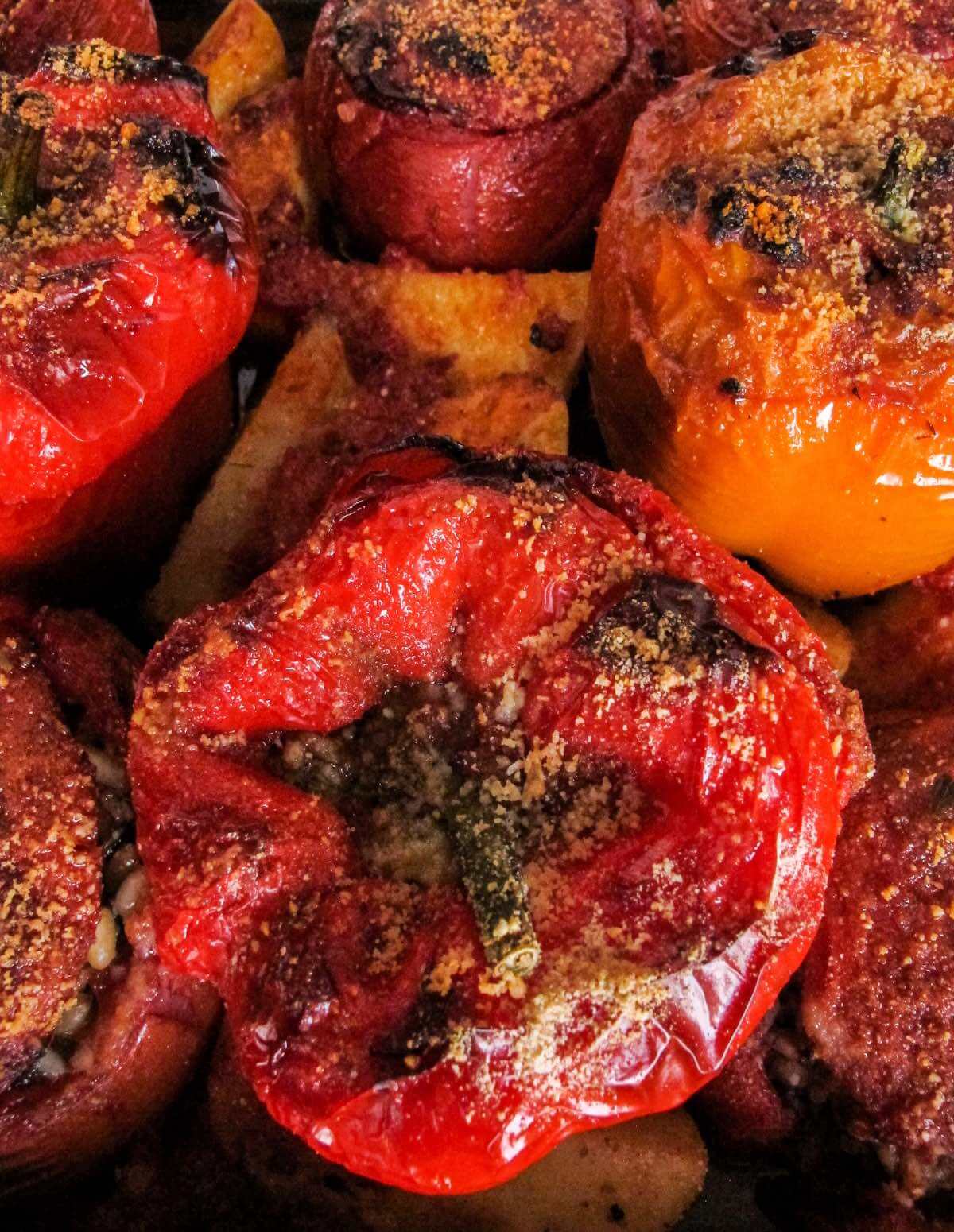gemista (greek stuffed peppers and tomatoes) in a baking dish with potatoes.