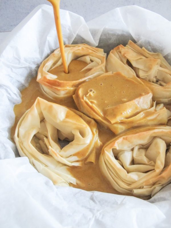 pumpkin pie filling poured over oven baked phyllo circles.