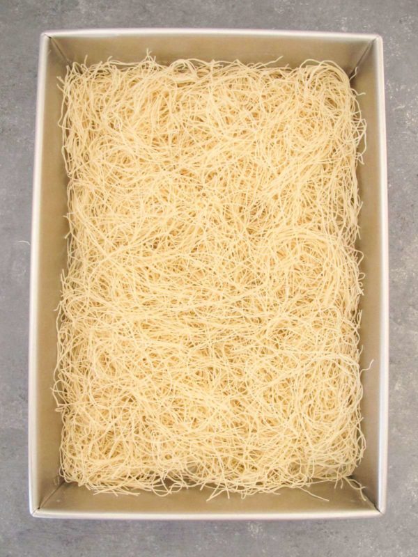 kataifi pastry in a baking dish.