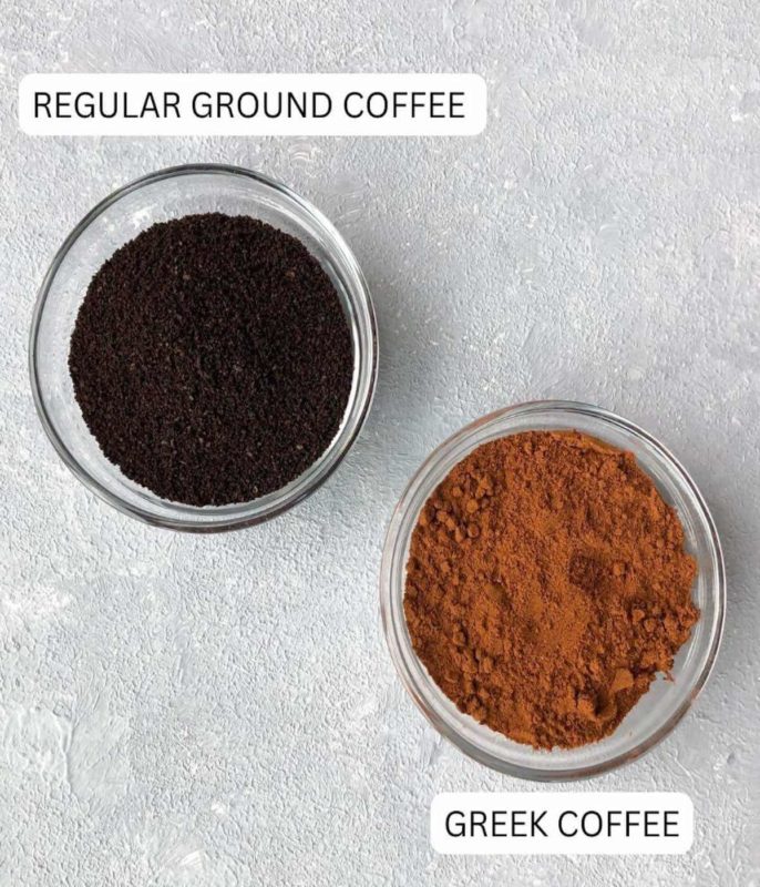 regular ground coffee vs greek coffee in small glass bowls.