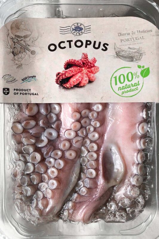 Raw octopus in its packaging.