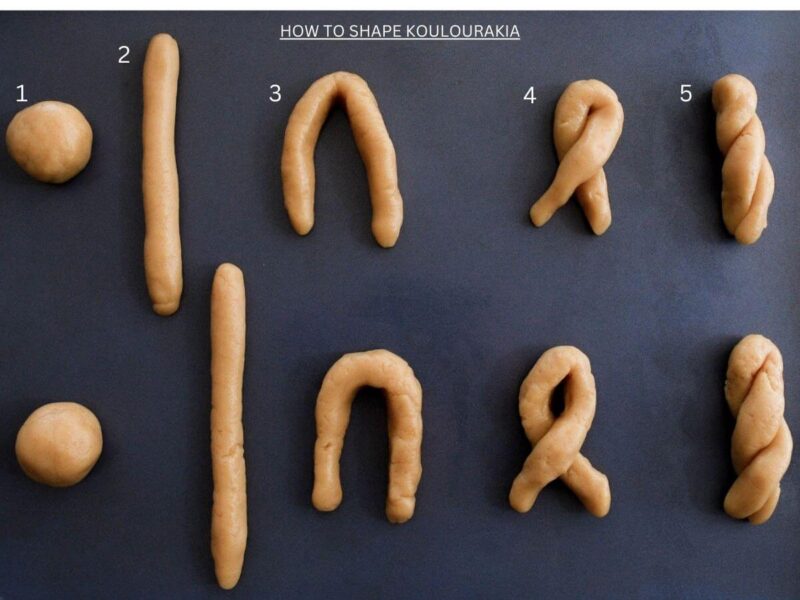 Step by step photos of how to shape koulourakia cookies.