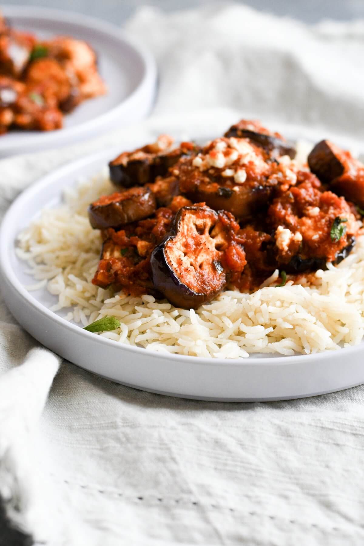 baked eggplant with tomato sauce and feta cheese with rice.