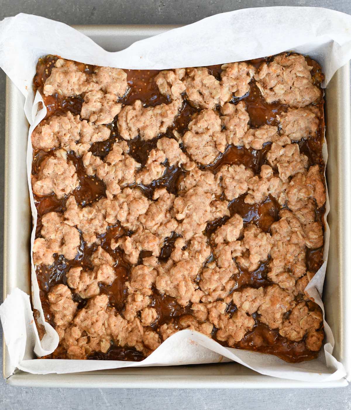 baked fig and oatmeal bars in a baking pan.
